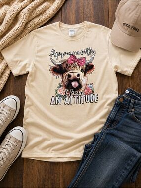 Delta Pro Weight Highland Cow Graphic Tee “Apparently I Have an Attitude” Cream